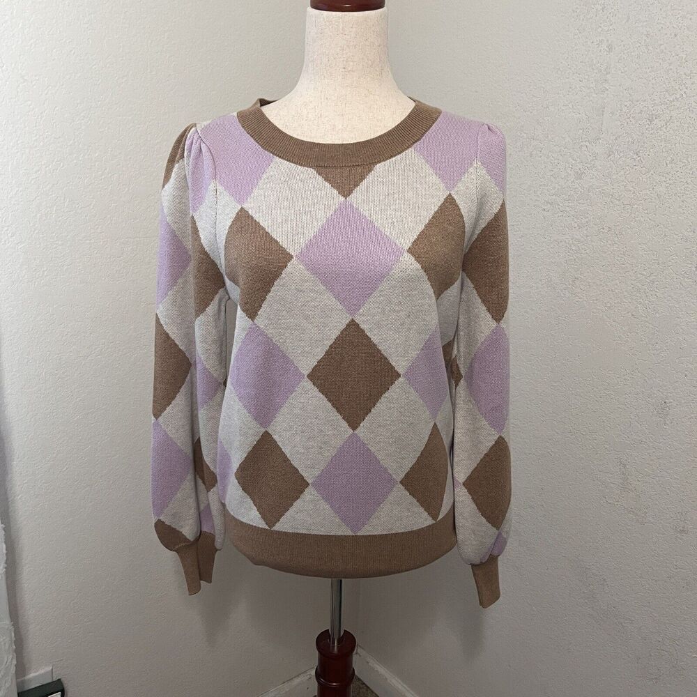 Loft Lavender/Brown Argyle Sweater Women’s Size Medium  Puff Sleeve Round Neck